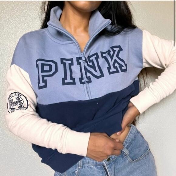 PINK Victoria’s Secret Navy Blue Color Blocked Zippered Sweatshirt Spell Out - Picture 1 of 6